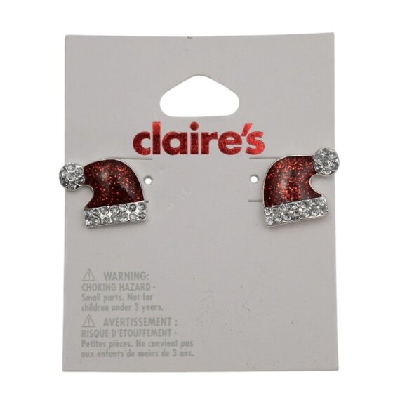 Santa Hat Stud Earrings Stocking Cap Red Silver Crystal by Claires - Picture 1 of 2